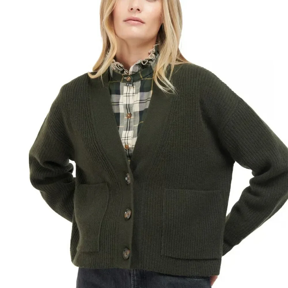 Barbour Theodore Cardigan 12 Olive Green Recycled Wool Pocket UK 16 Oversized - Picture 2 of 10